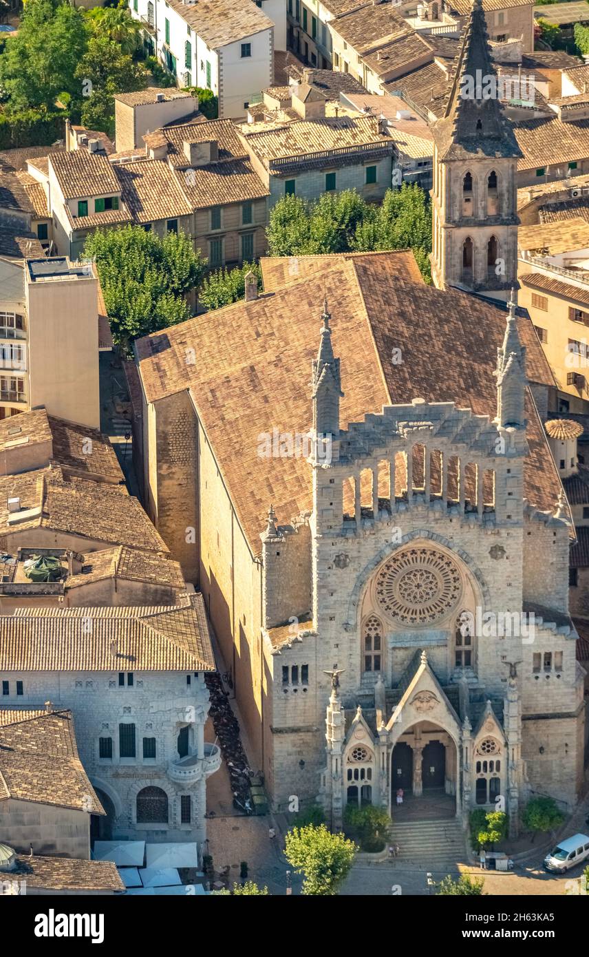 aerial photo,cath. church of st. bartholomew,església parroquial de sant bartomeu de sóller,sóller,europe,balearic islands,spain,mallorca Stock Photo