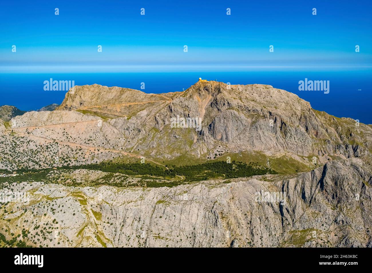 aerial view,mountain puig major,with military use and overlooking the sea,escorca,mallorca,balearic islands,spain Stock Photo