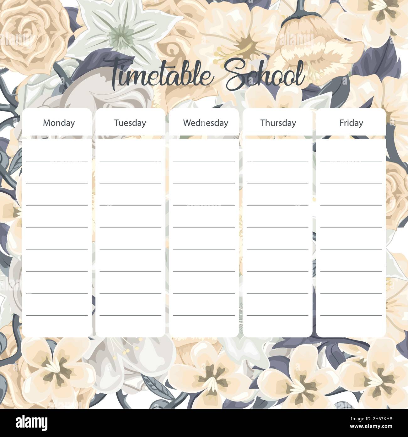 School timetable card with flowers background Stock Vector
