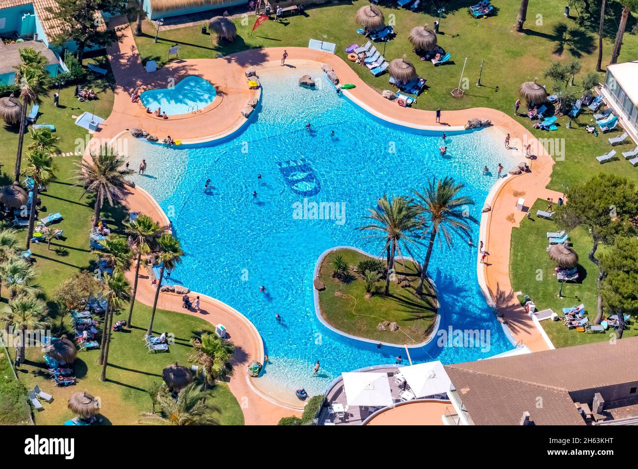 aerial view,swimming pool apartements playa esperanza,platja de muro,muro,mallorca,balearic islands,spain Stock Photo