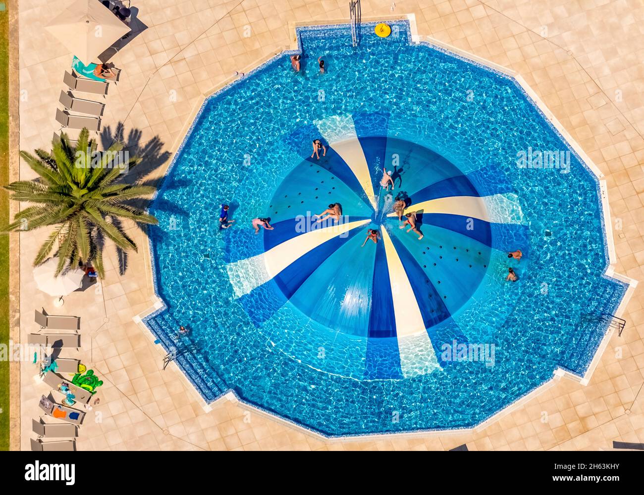 aerial view,hotel swimming pool,kinderpooö,platja de muro,muro,mallorca,balearic islands,spain Stock Photo