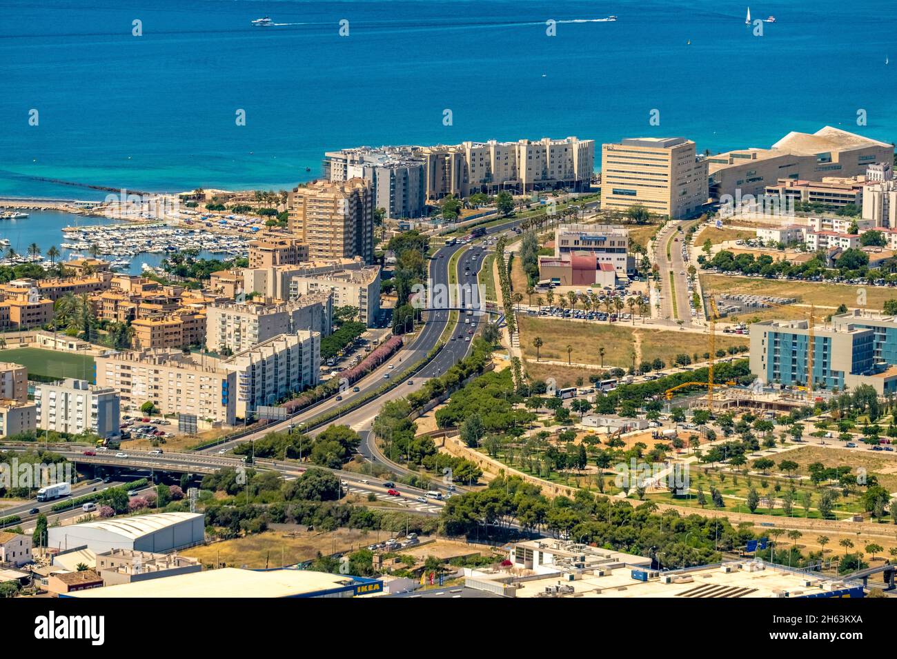 aerial view,autopista ma-19 expressway with skyscrapers by the sea,palma,mallorca,balearic islands,spain Stock Photo