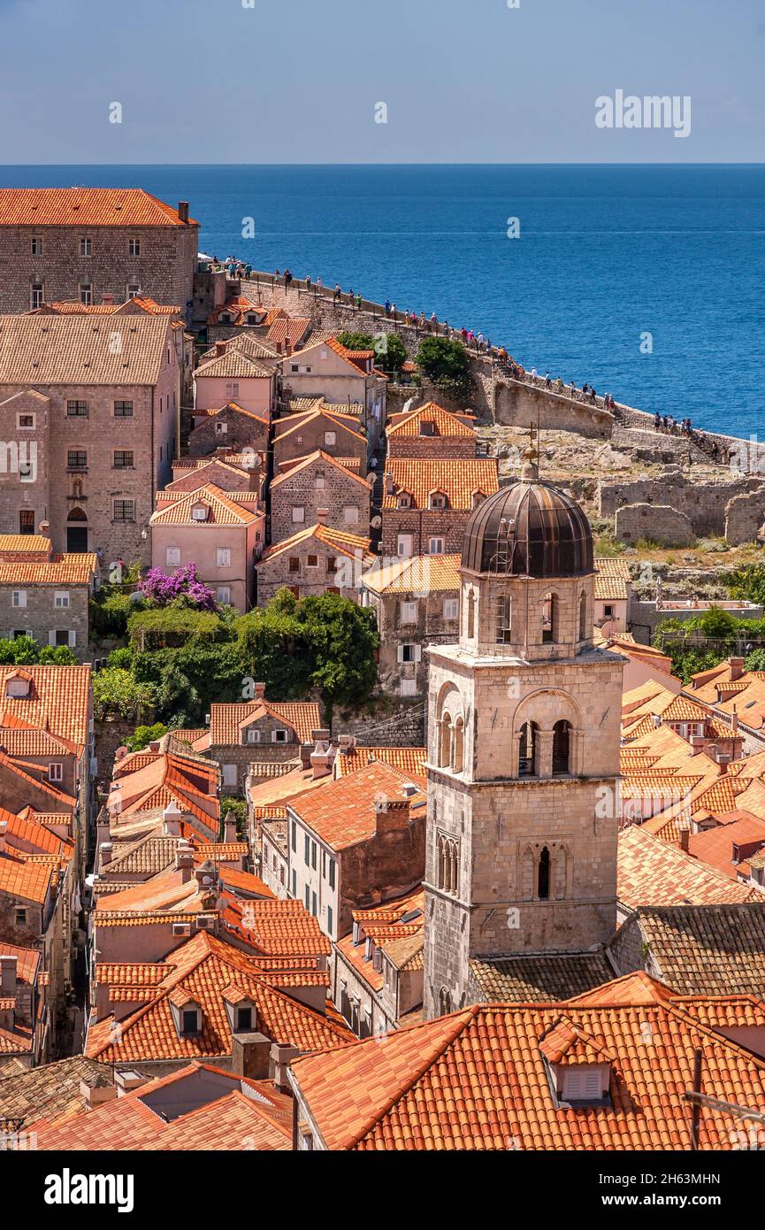 View over old Dubrovnik with bell tower in the foreground with Adriatic sea as a backdrop Stock Photo