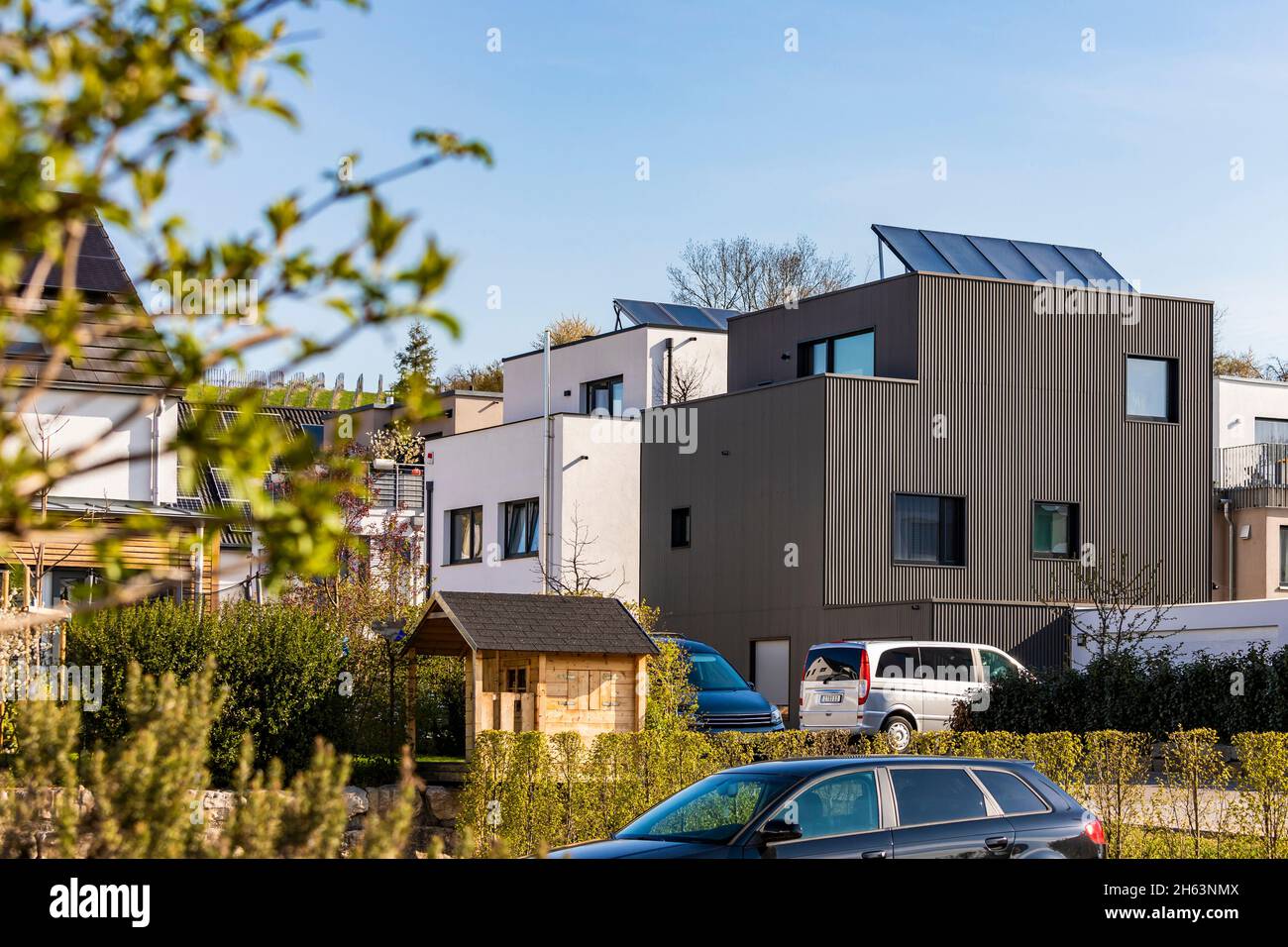 germany,baden-wuerttemberg,waiblingen,new housing estate,modern single-family houses with photovoltaic systems Stock Photo