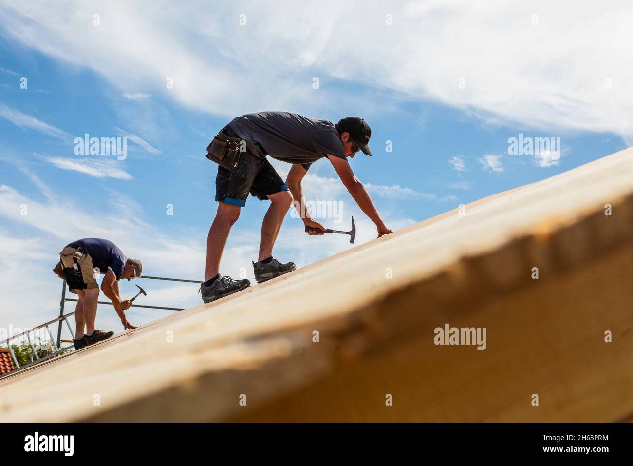 germany,bavaria,construction of a prefabricated wooden house,nailing of chipboard on the roof, Stock Photo