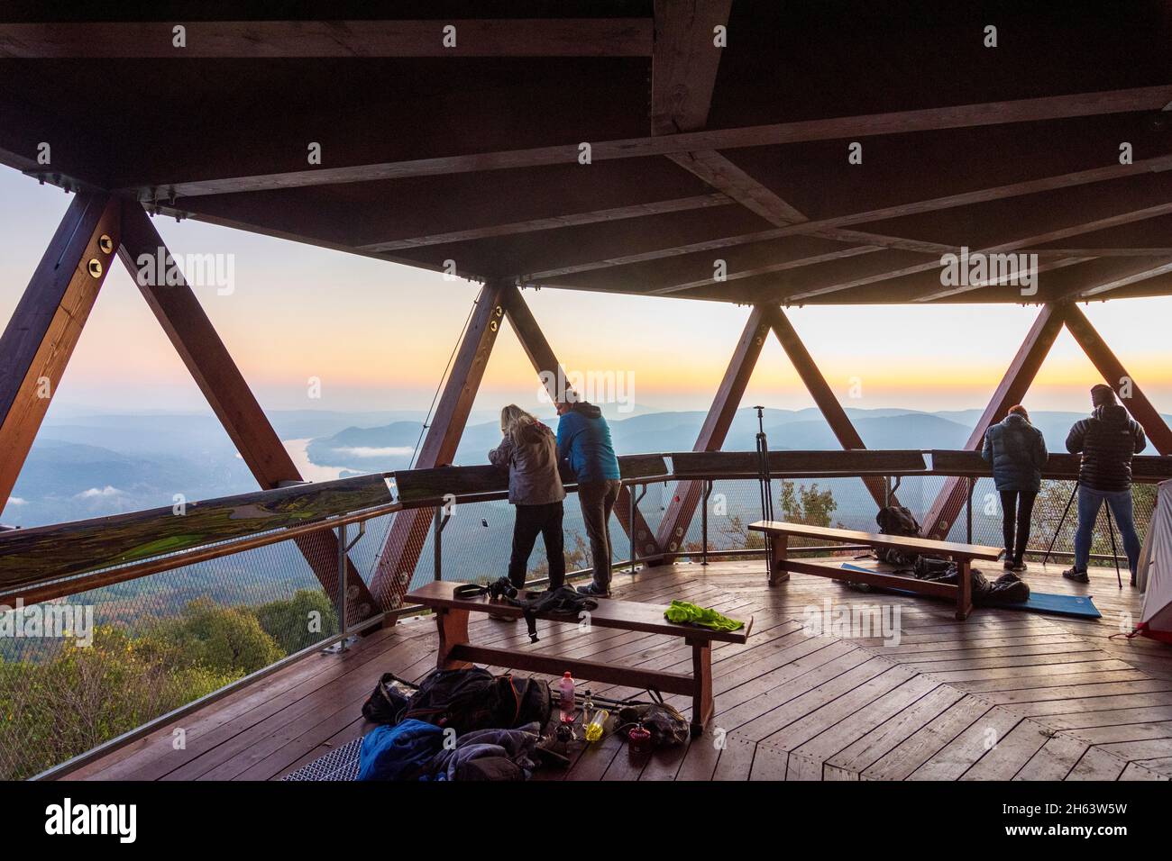 visegrad mountains,bend of danube river,view to börzsöny mountains,view from summit predikaloszek (predigerstuhl,preaching chair),observation tower,hiker in danube-ipoly national park,pest,hungary Stock Photo