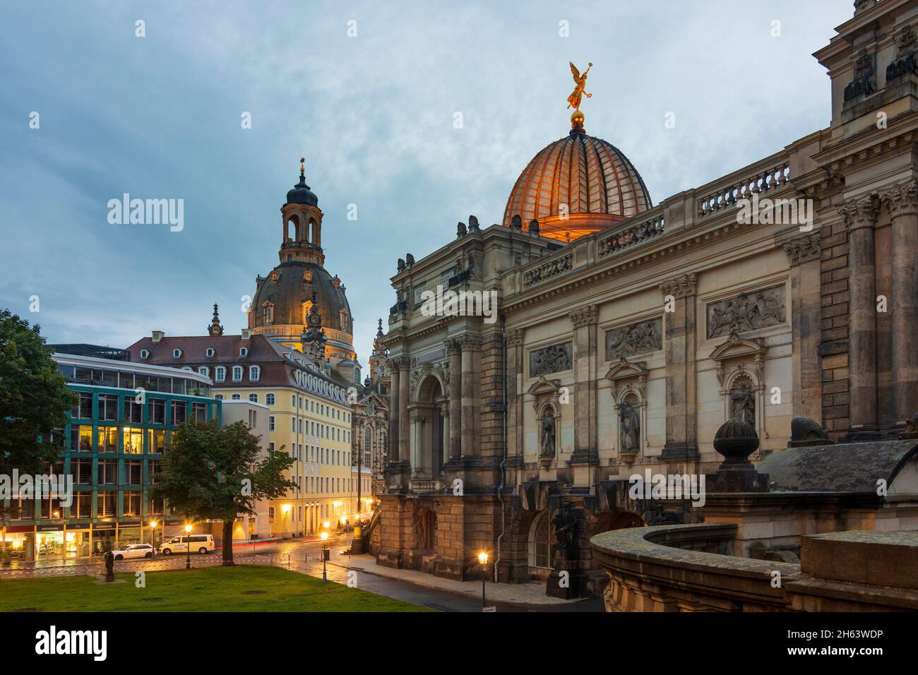 dresden,frauenkirche (church of our lady). glass dome of the academy of fine arts main building - colloquially referred to as 'lemon squeezer',terrace brühlsche terrasse in sachsen,saxony,germany Stock Photo