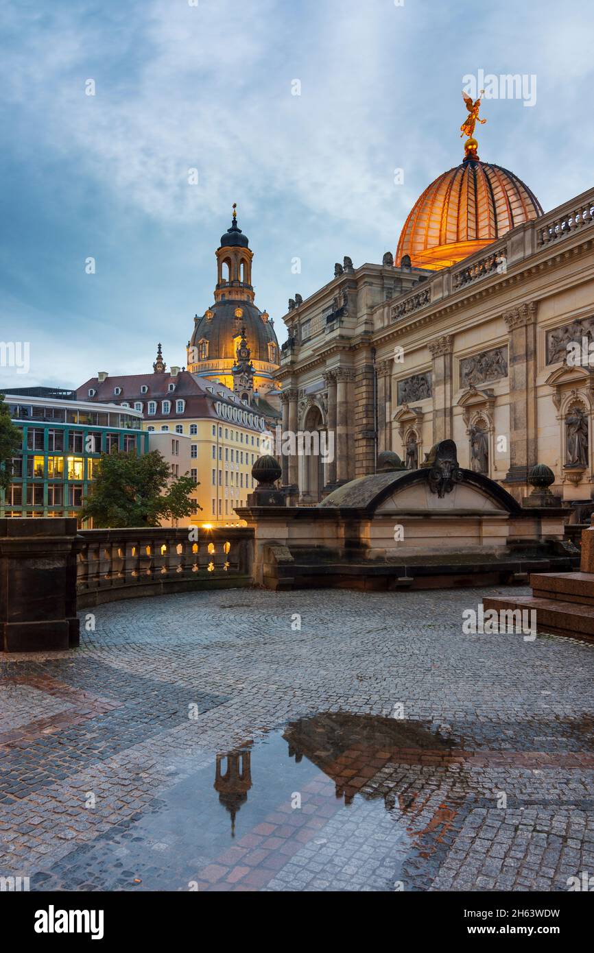 dresden,frauenkirche (church of our lady). glass dome of the academy of fine arts main building - colloquially referred to as 'lemon squeezer',terrace brühlsche terrasse in sachsen,saxony,germany Stock Photo
