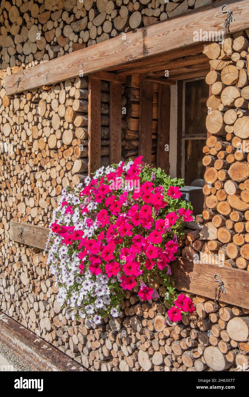 window with flower box on house wall with stacked firewood,ohlstadt,loisachtal,das blaue land,upper bavaria,bavaria,germany Stock Photo