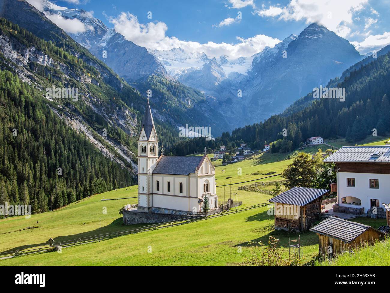 church of the visitation of maria in front of the trafoier eiswand (3565m),trafoi,district of stilfs,trafoital,vintschgau,bolzano province,trentino-south tyrol,italy Stock Photo