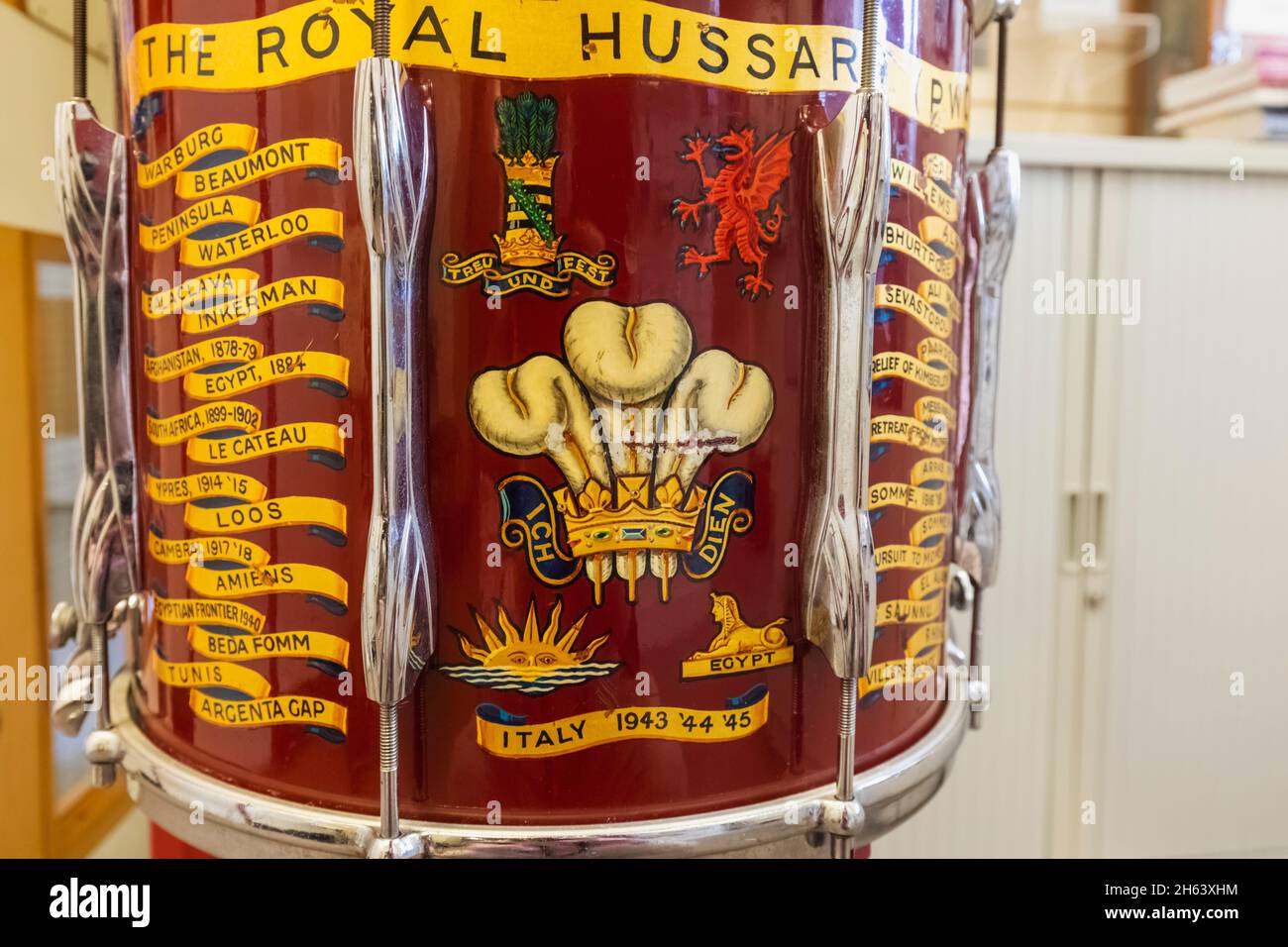 england,winchester,winchester's military quarter museums,the museum of the king's royal hussars,drum of the royal hussars listing various historic battles Stock Photo