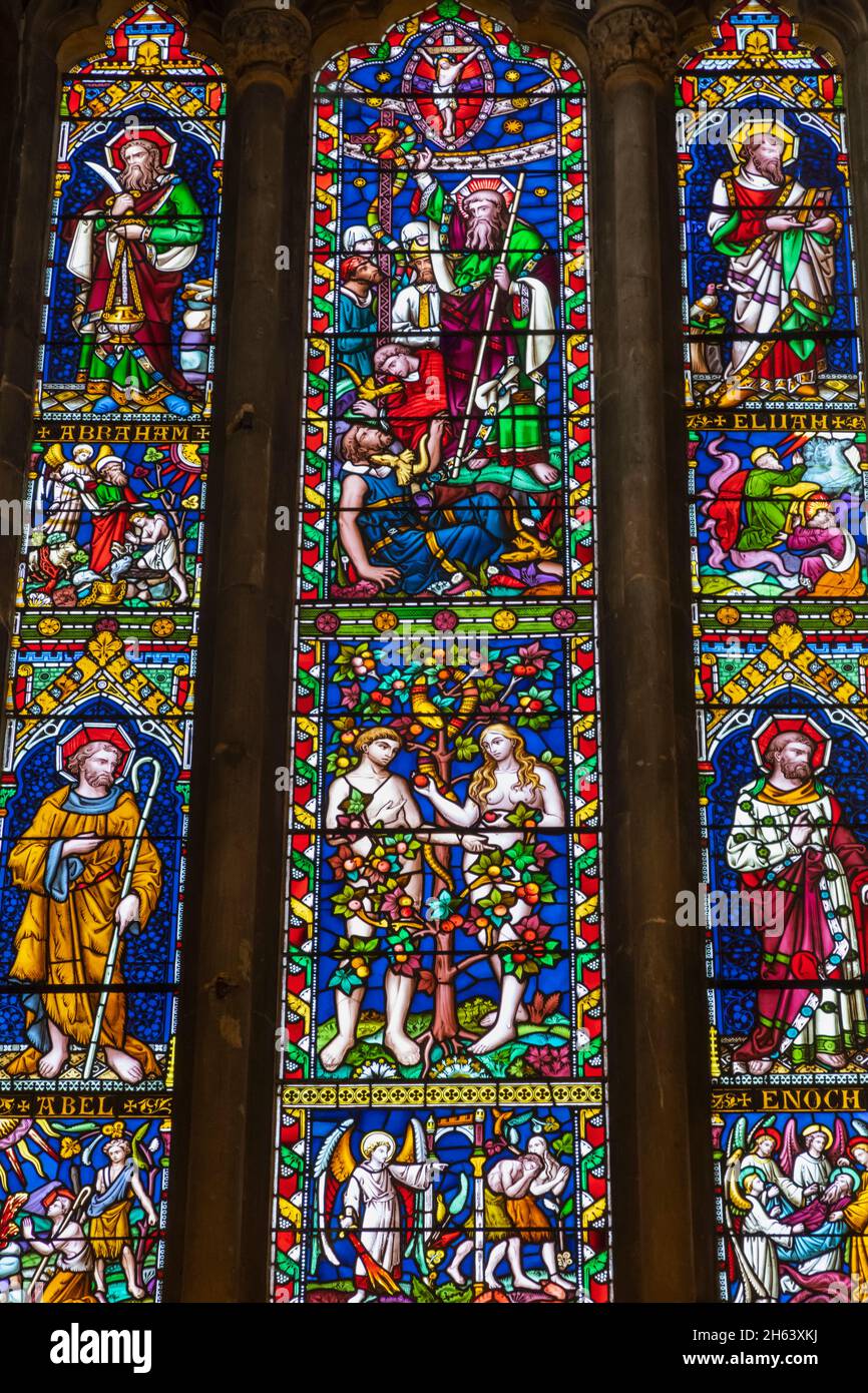 Stained glass window with image of adam and eve hi-res stock ...