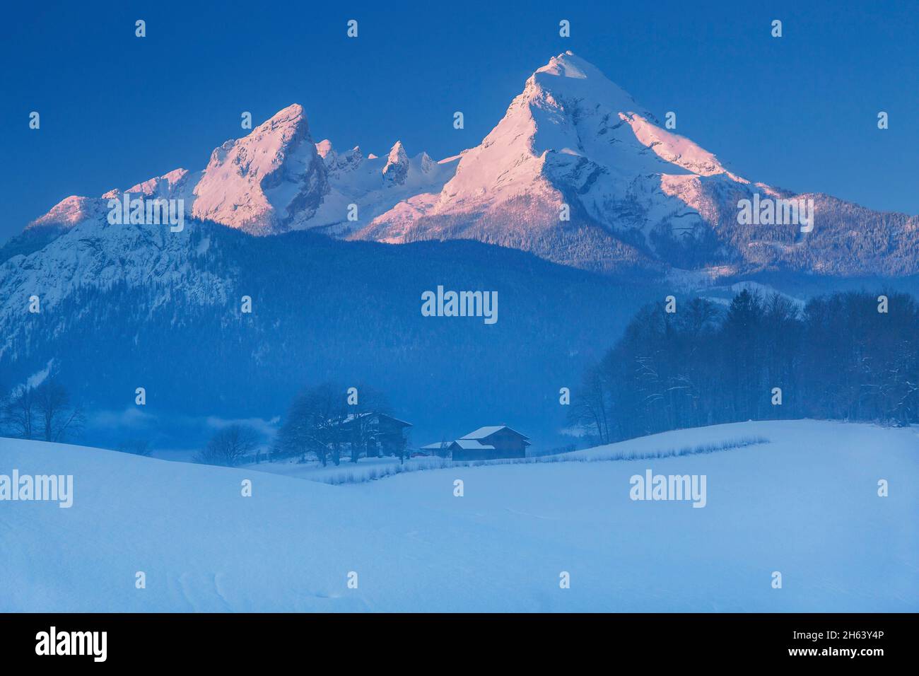 snow-covered landscape with watzmann 2713m at sunrise,berchtesgaden,berchtesgaden alps,berchtesgadener land,upper bavaria,bavaria,germany Stock Photo
