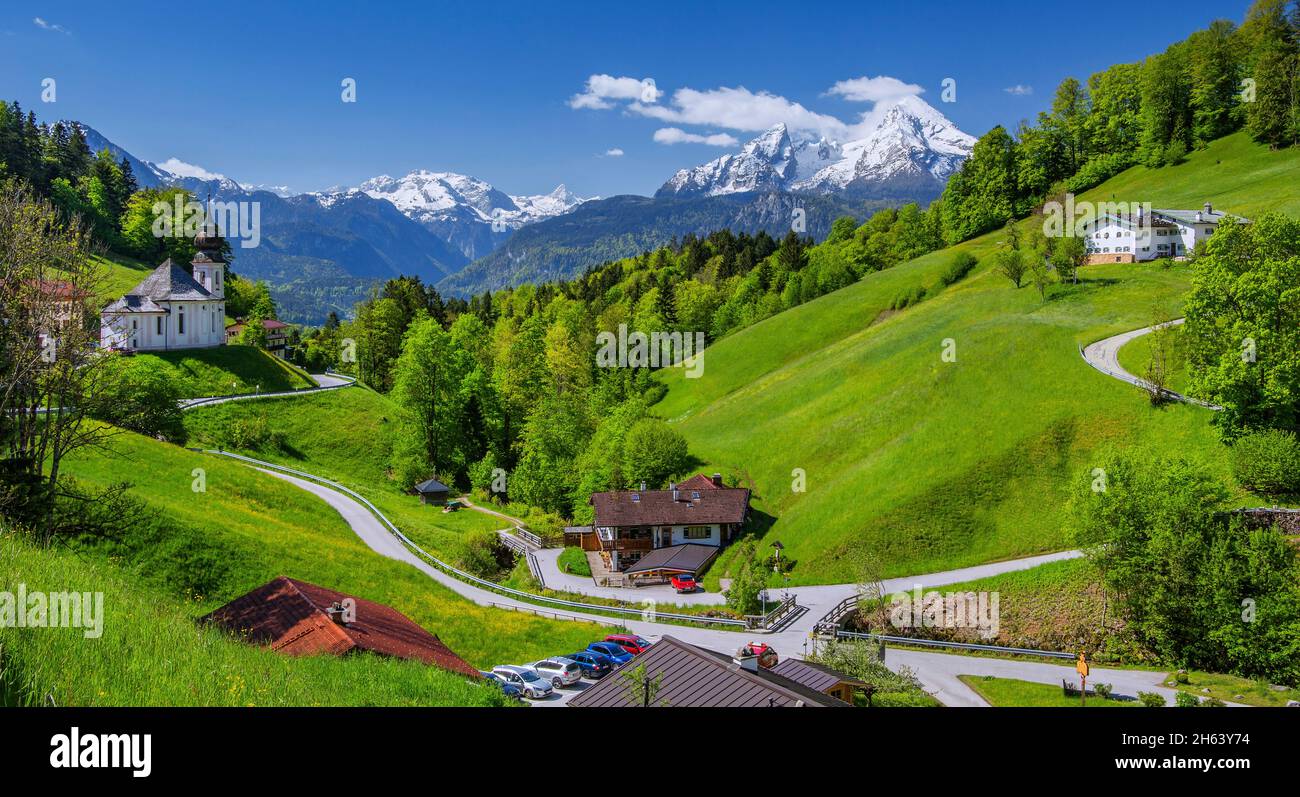high valley of maria gern with the pilgrimage church against watzmann 2713m,berchtesgaden,berchtesgaden alps,berchtesgadener land,upper bavaria,bavaria,germany Stock Photo