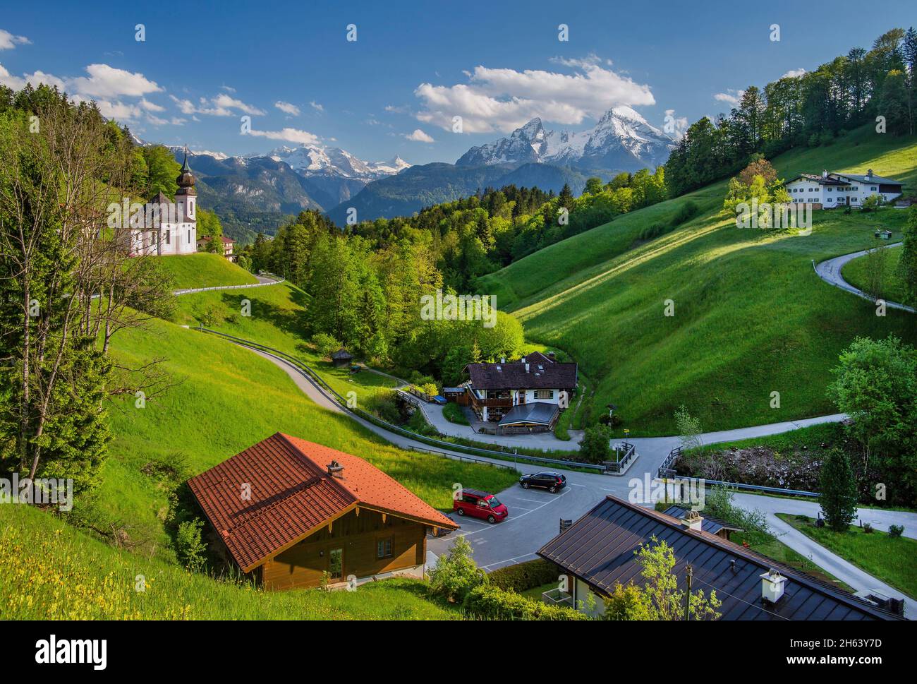 high valley of maria gern with the pilgrimage church against watzmann 2713m,berchtesgaden,berchtesgaden alps,berchtesgadener land,upper bavaria,bavaria,germany Stock Photo