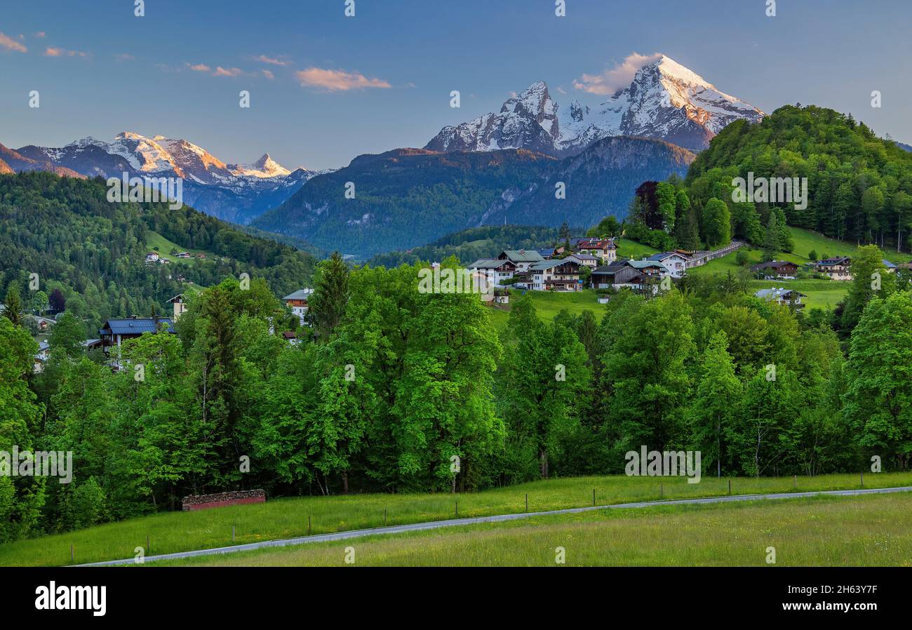 district at lockstein against watzmann 2713m in evening sun,berchtesgaden,berchtesgaden alps,berchtesgadener land,upper bavaria,bavaria,germany Stock Photo