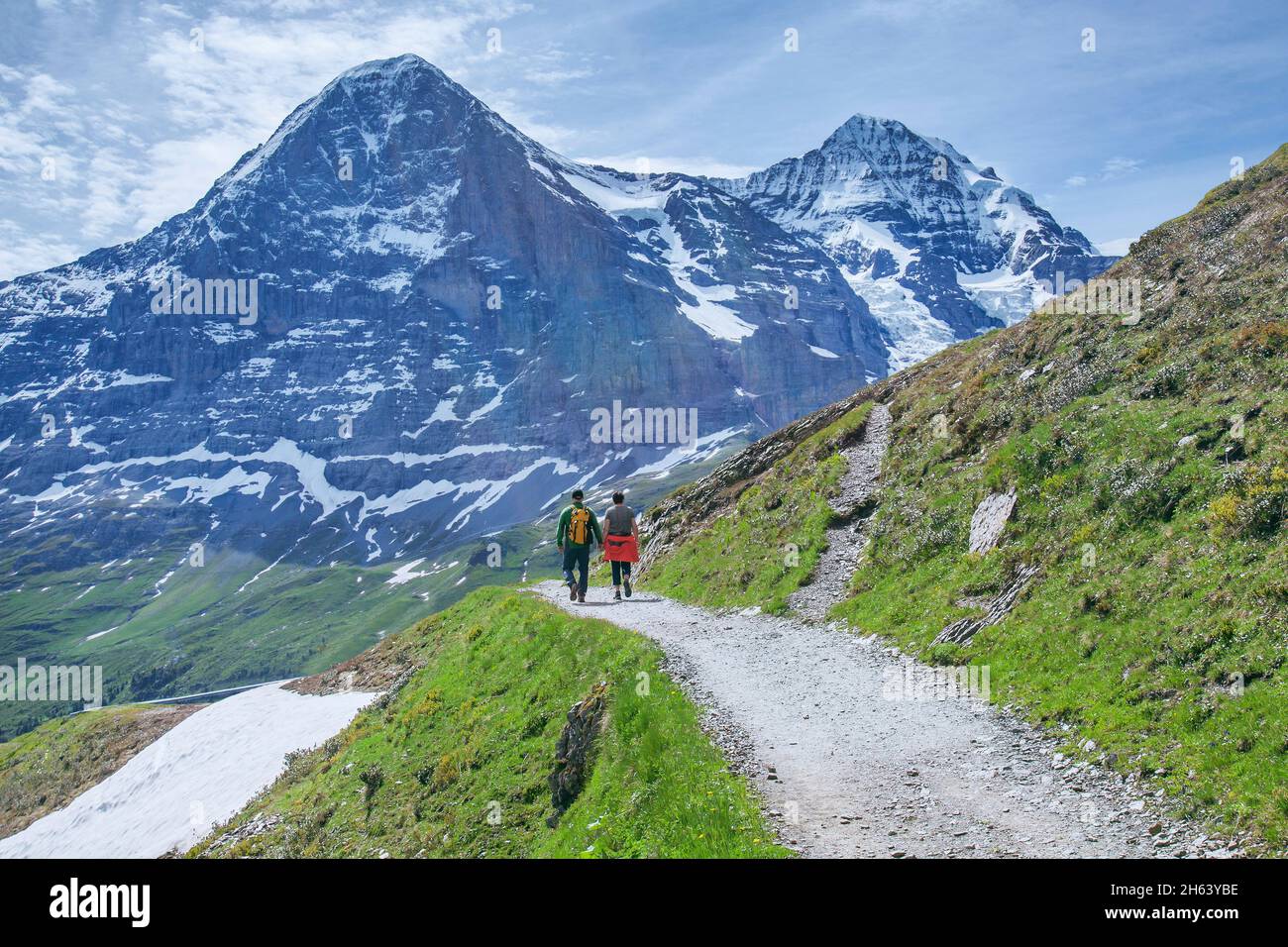 hiking trail to kleine scheidegg with eiger 3967m and mönch 4107m,grindelwald,bernese alps,bernese oberland,canton of bern,switzerland Stock Photo