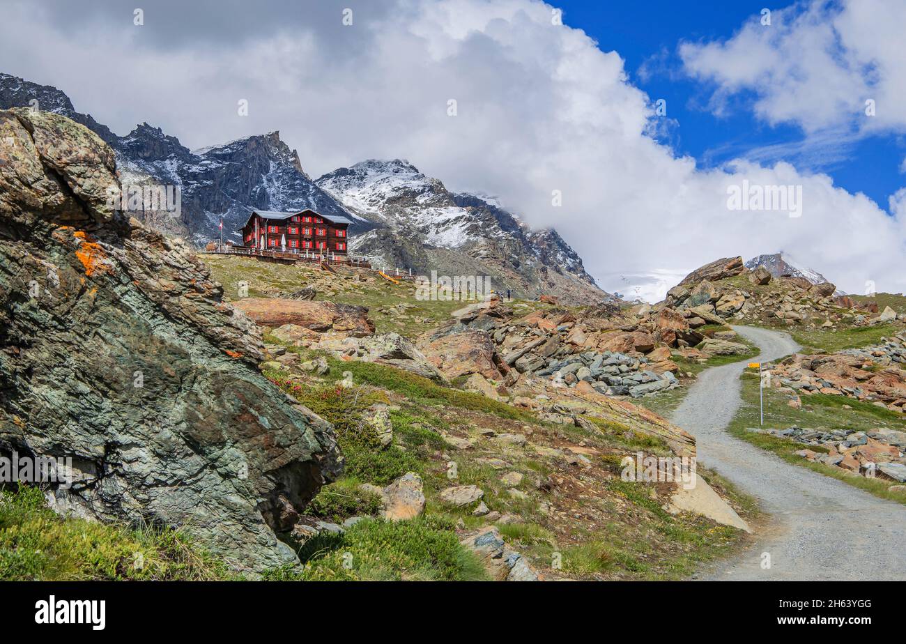 hiking trail with berghaus fluhalp,zermatt,mattertal,valais alps,valais,switzerland Stock Photo