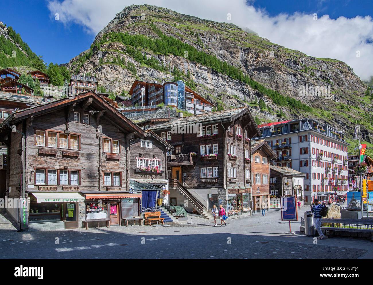 typical old valais houses in the town center,zermatt,mattertal,valais alps,valais,switzerland Stock Photo