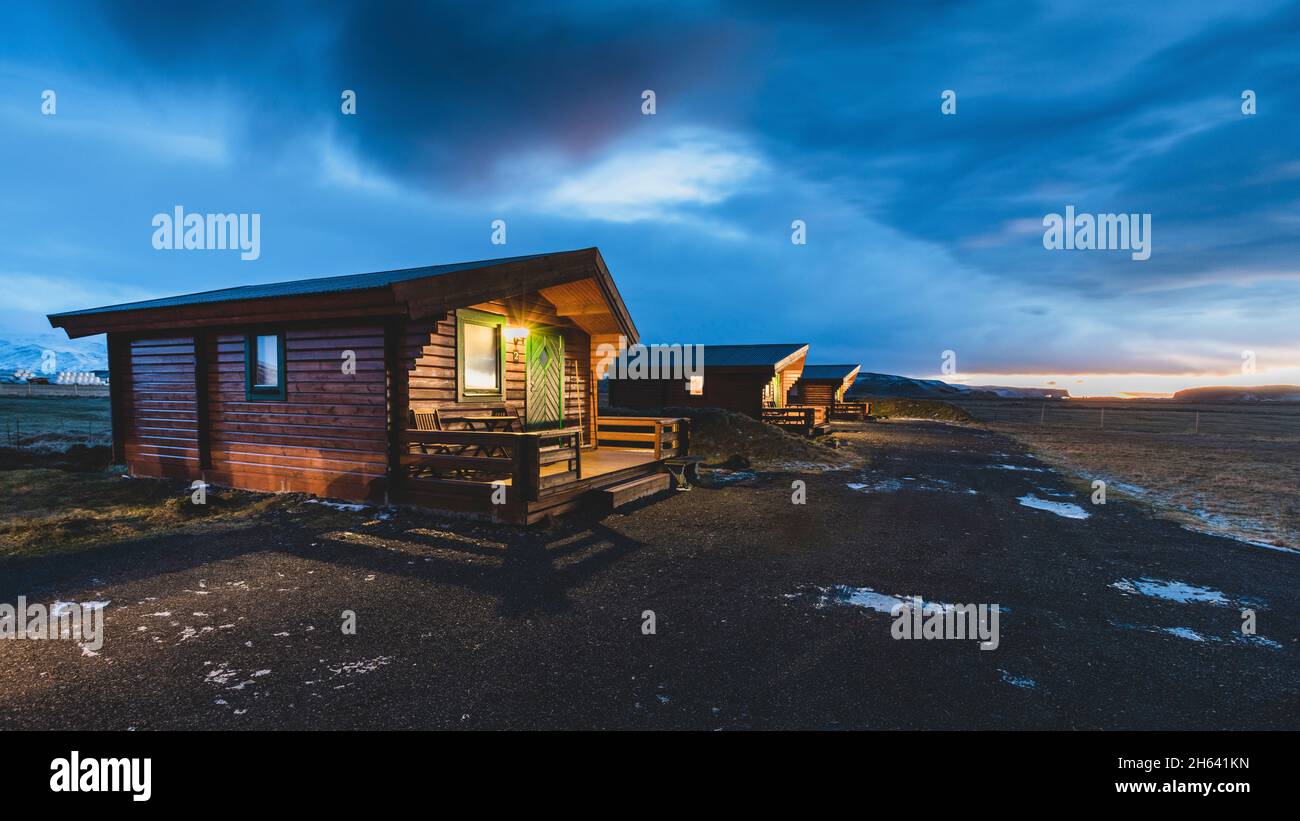 classic hiking accommodation in iceland just before sunrise. Stock Photo