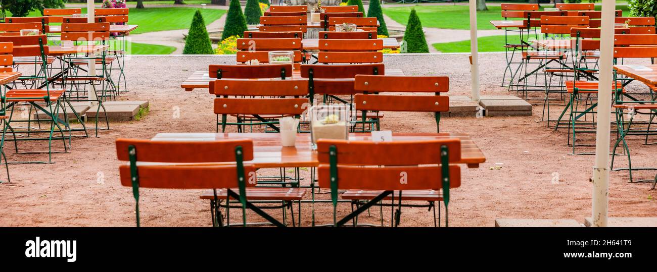 outdoor restaurant with umbrellas Stock Photo