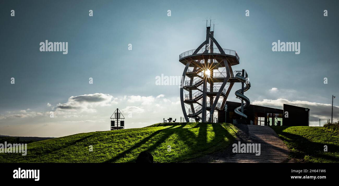 landscape with the visitor platform 'noahs segel' near the elbow in the rhön Stock Photo