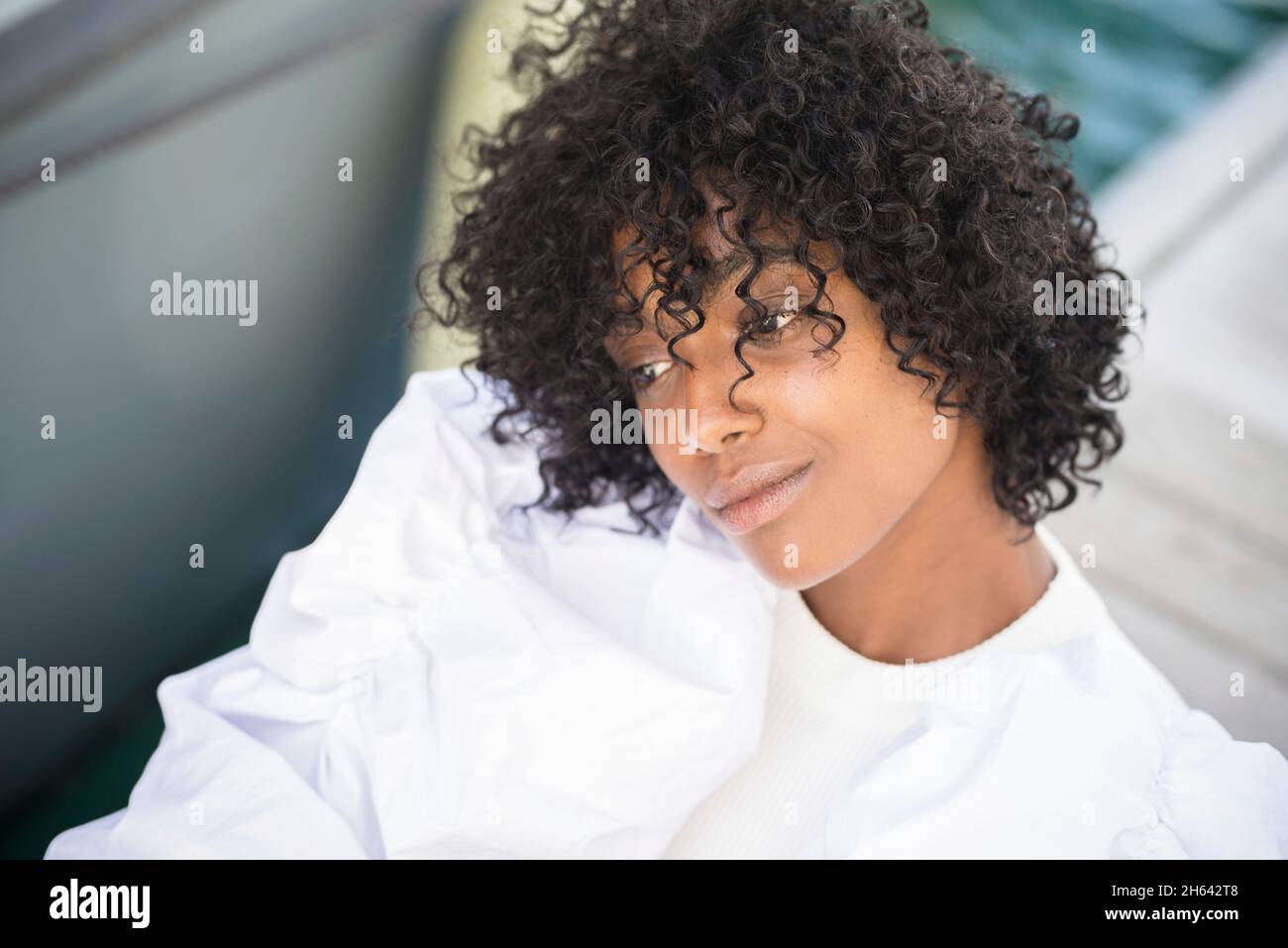 close up of thoughtful african american woman with curly hair looking ...