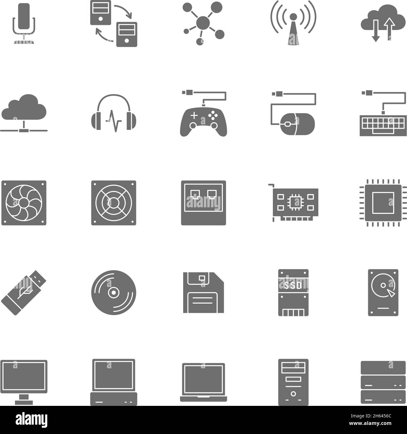 Set of Computer Components Grey Icons. System Unit, Console, Server and more. Stock Vector