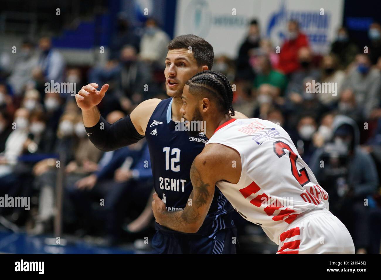 Billy Baron (L) of Zenit and Tyler Dorsey (R) of Olympiacos seen in action  during the Turkish Airlines Euroleague basketball match between Zenit Saint  Petersburg and Olympiacos Piraeus at Sibur Arena in