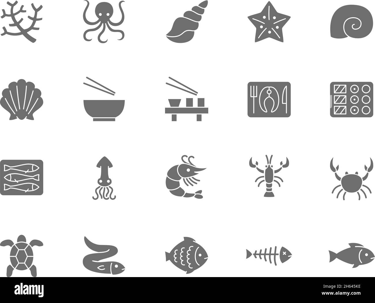 Set of Seafood Grey Icons. Fishbone, Fish, Flounder, Eel, Turtle, Crab