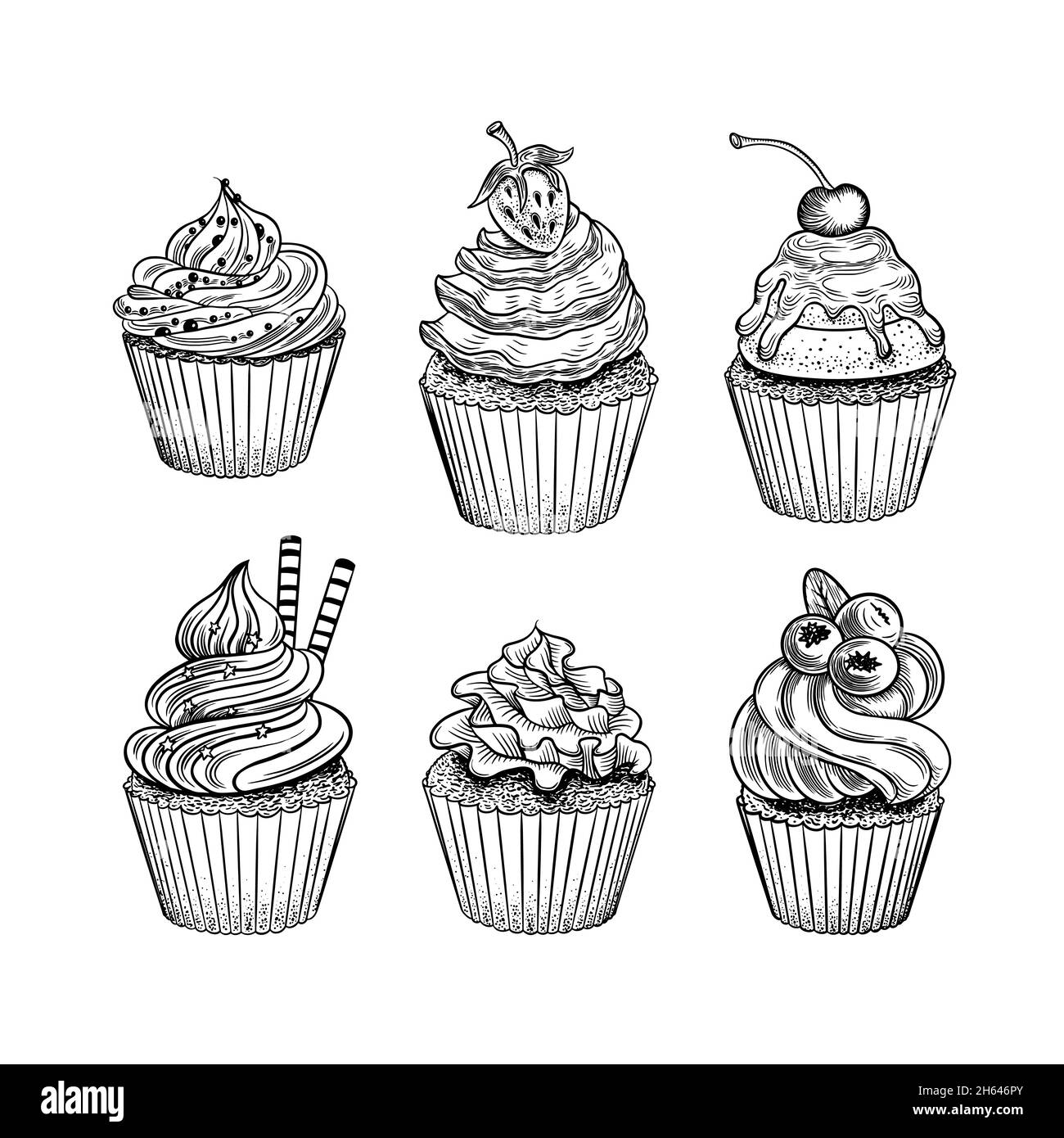 Hand drawn cupcakes set. Sweet muffins sketches isolated on white