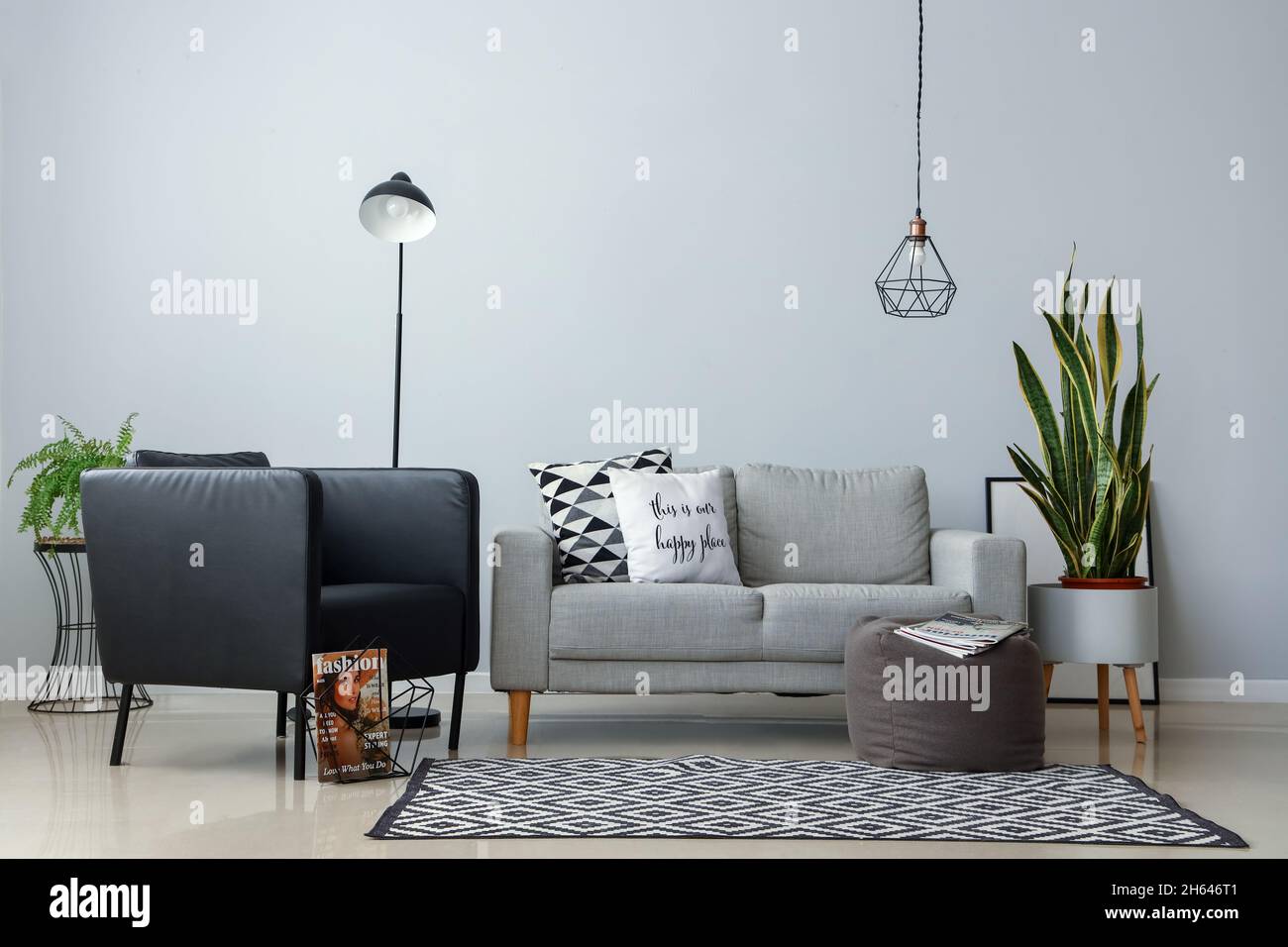 Interior of stylish living room with modern armchair and sofa Stock