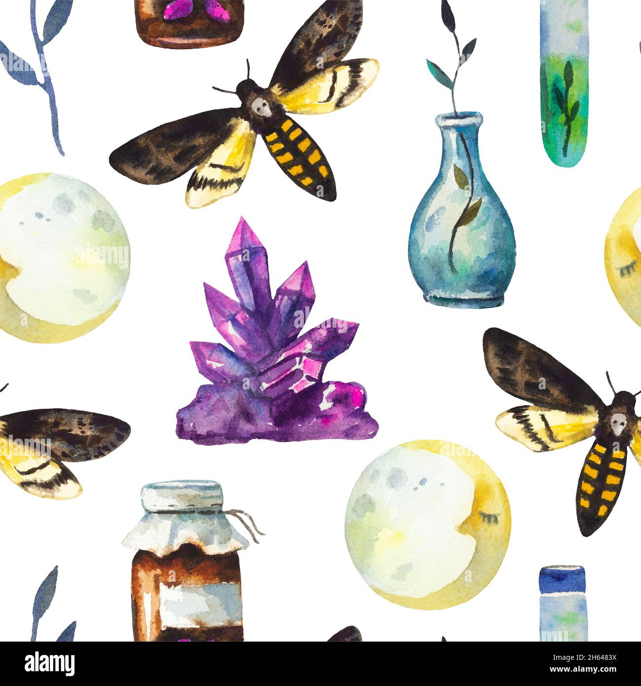 Seamless pattern with magic elements, crystals, moths and alchemy ...
