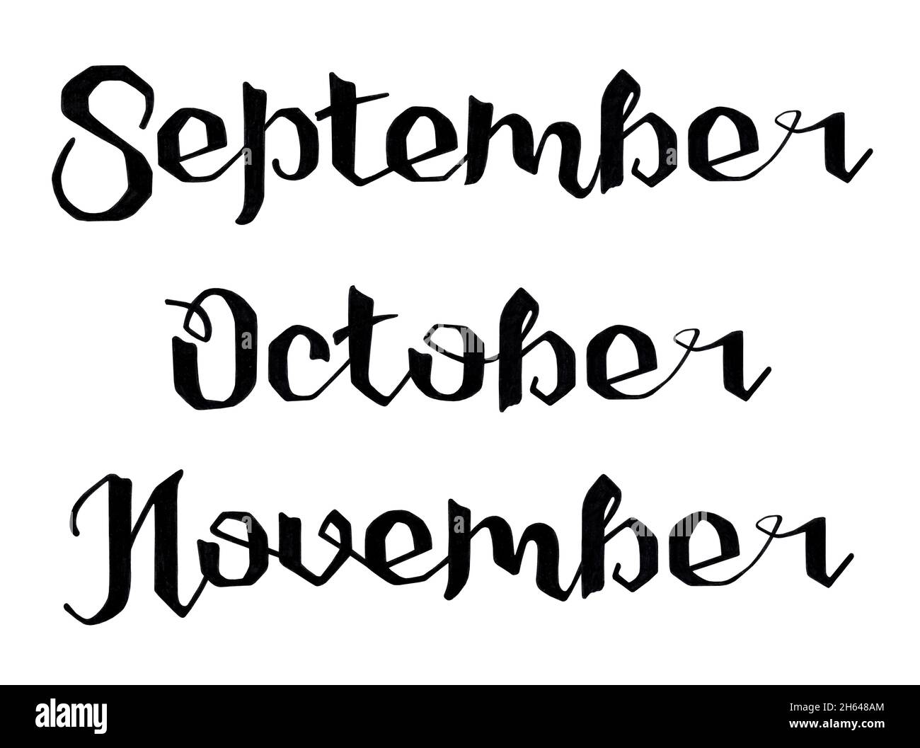 Hand drawn lettering autumn months September, October, November. Mascara for autumn invitations. Handwritten phrase for banner, flyer, greeting card, Stock Photo
