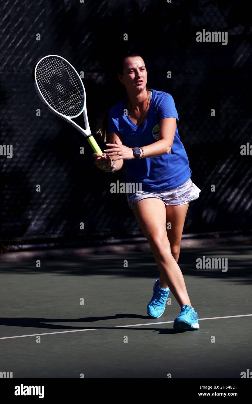 Tennis pro Marina Oetiker, playing at the Downtown Tennis Club, in New York City, 10/21/2021  Model Released Stock Photo