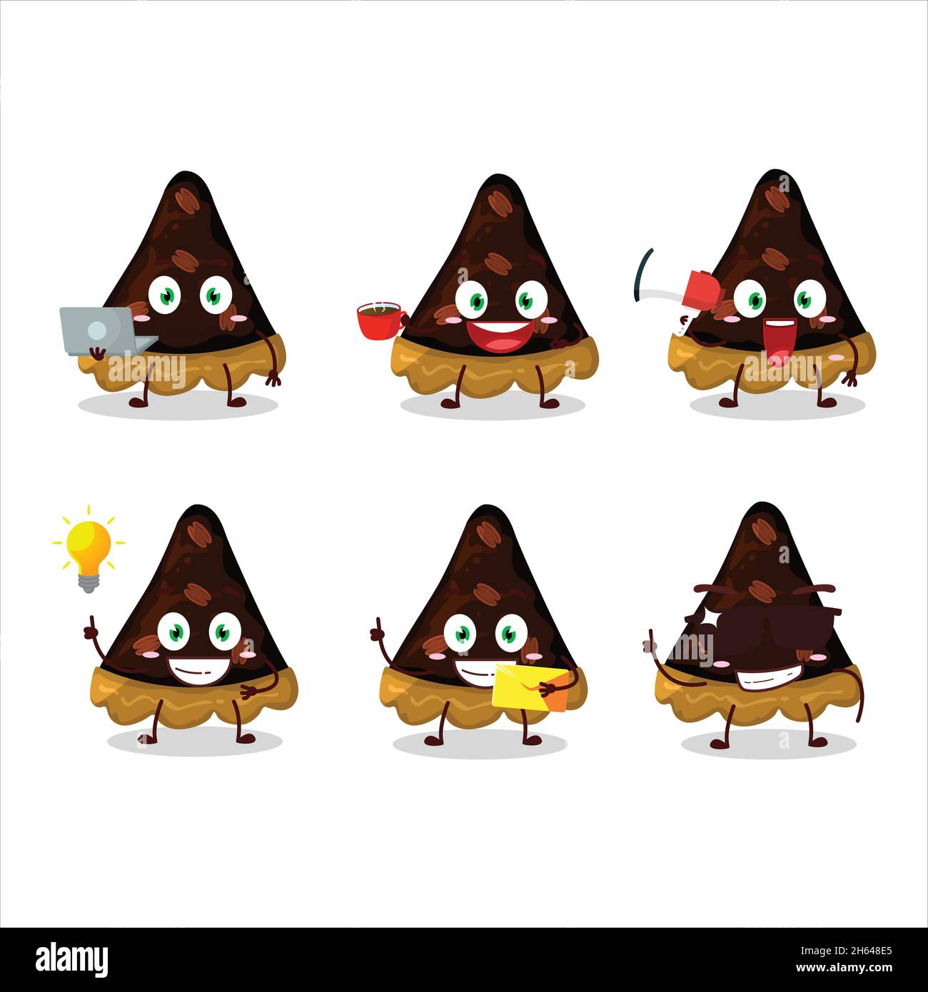 Slice of pecan pie cartoon character with various types of business