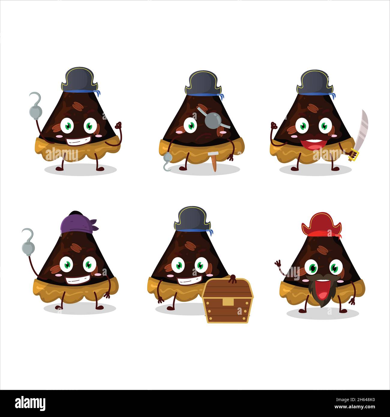 Cartoon character of slice of pecan pie with various pirates emoticons