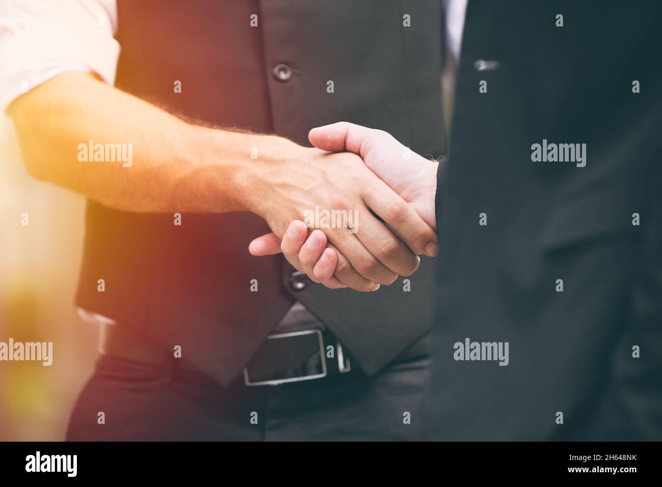 closeup business people male hand shaking deal project working together Stock Photo