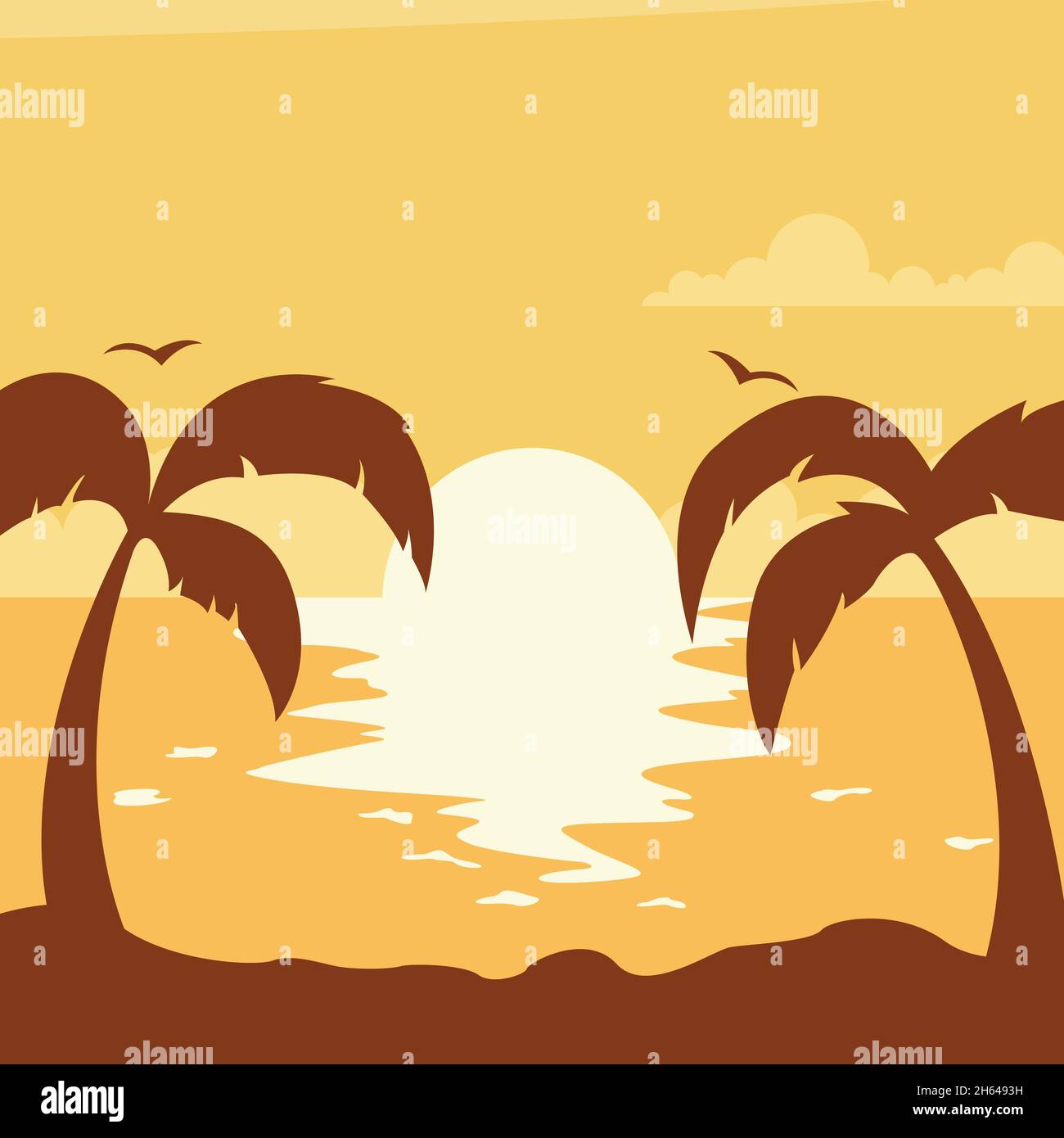 Summer sunset with sun on the beach with palm trees Stock Vector