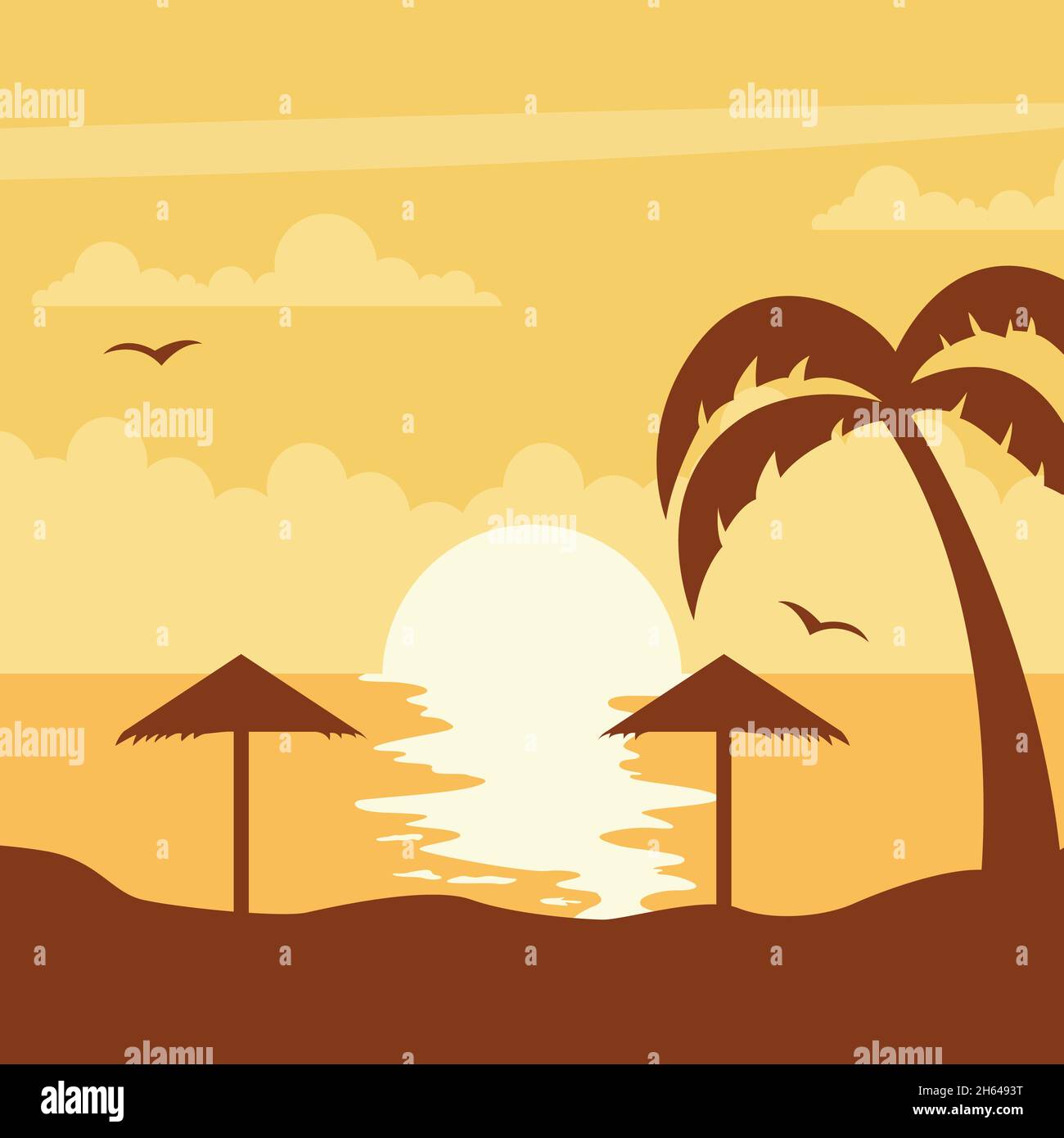 Sundown on the beach with umbrella and palm trees Stock Vector