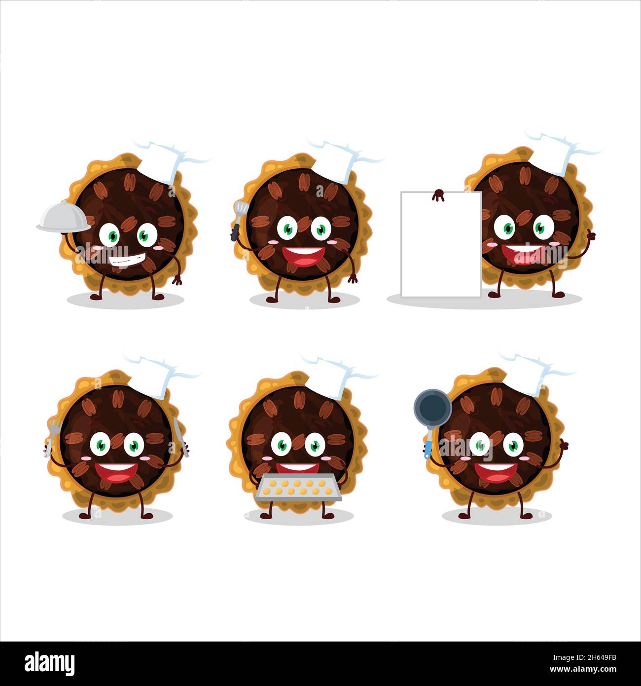 Cartoon character of pecan pie with various chef emoticons. Vector