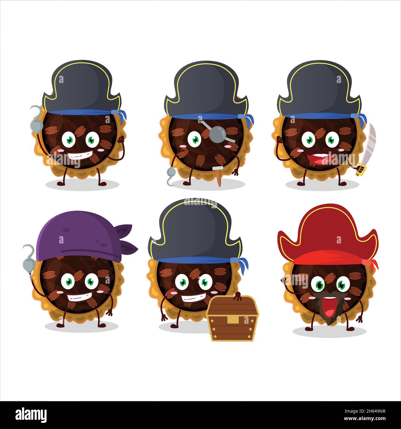 Cartoon character of pecan pie with various pirates emoticons. Vector