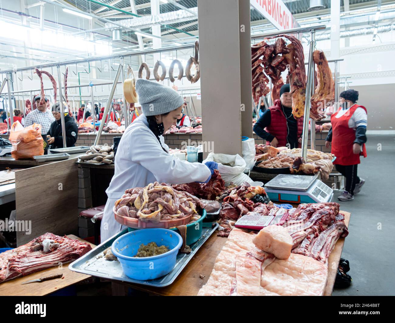 A Kazakh woman preparing qazy, horse sausage from horse meat and ...
