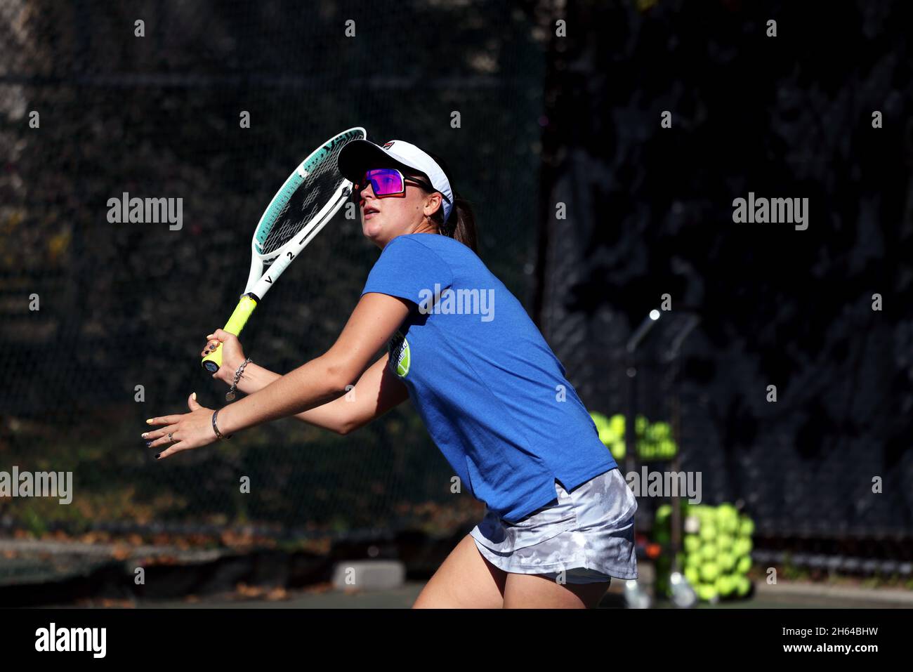 Tennis pro Marina Oetiker, playing at the Downtown Tennis Club, in New York City, 10/21/2021  Model Released Stock Photo