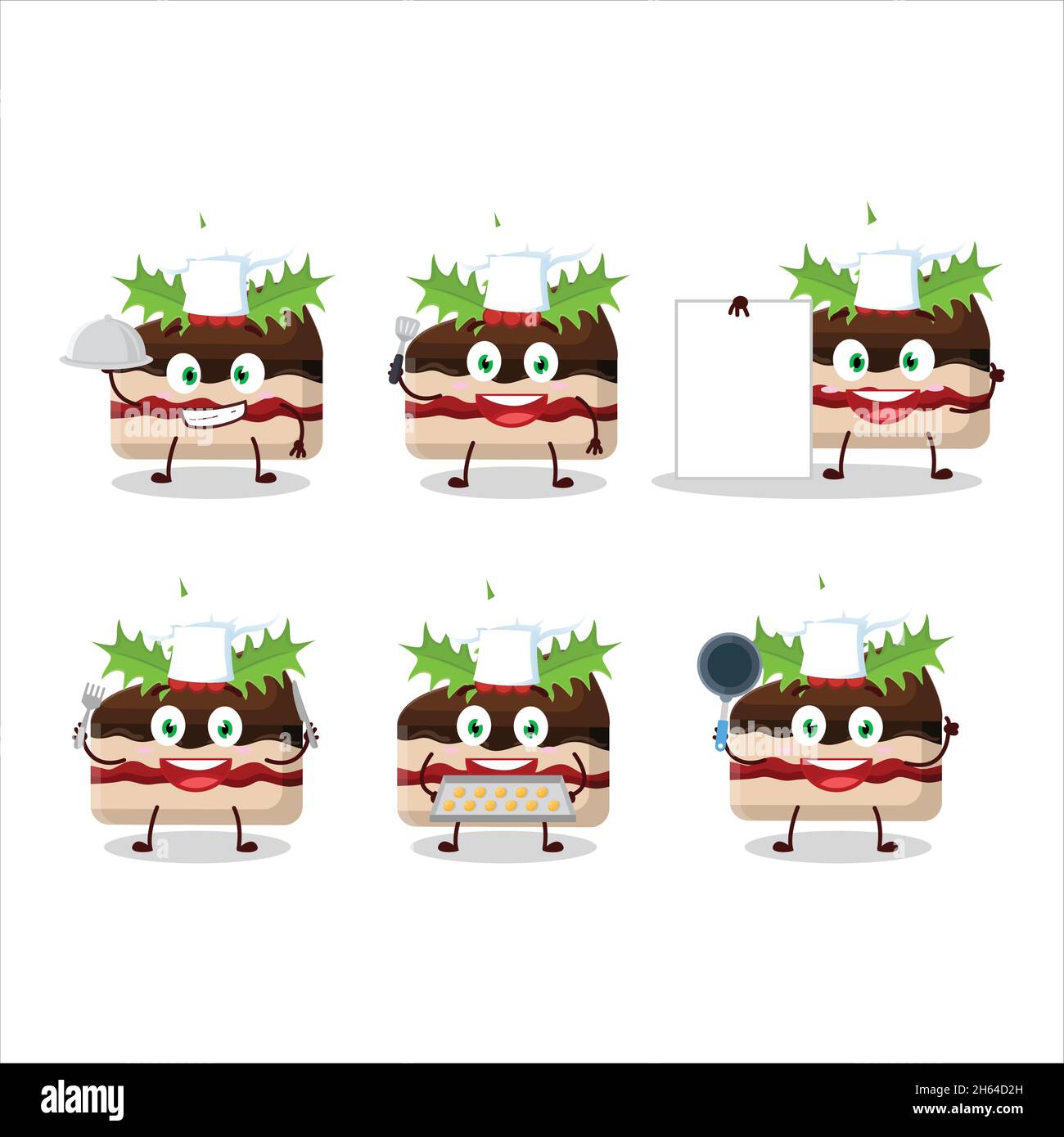 Cartoon character of slice of pudding cake christmas with various chef emoticons. Vector illustration Stock Vector