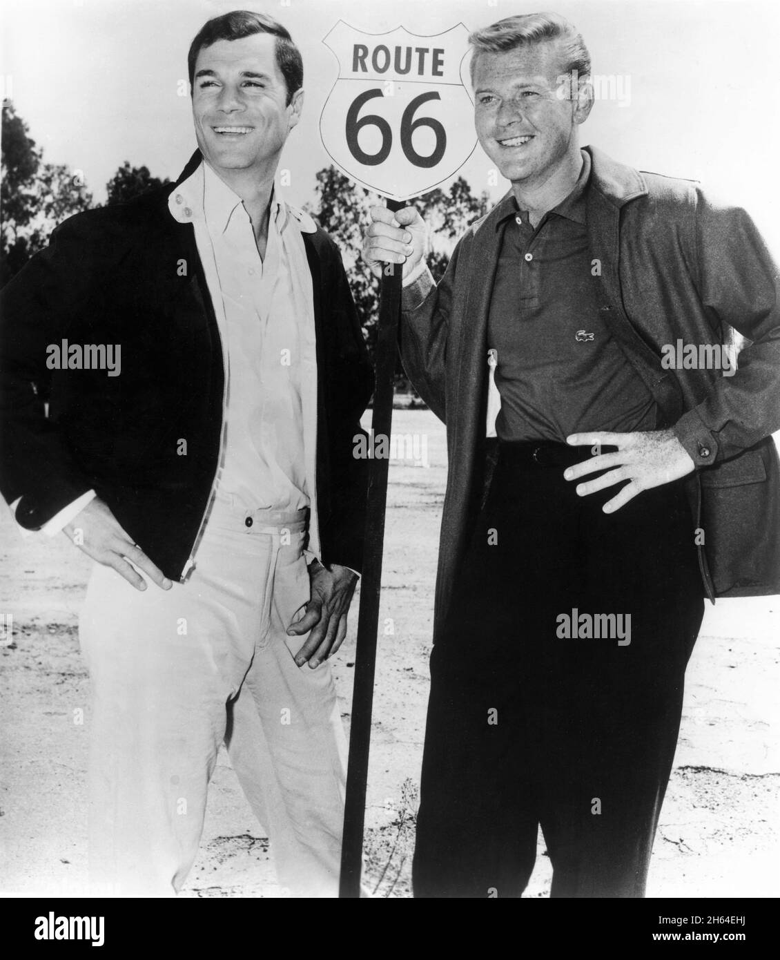 GEORGE MAHARIS and MARTIN MILNER 1961 publicity pose for the Television Series ROUTE 66 (1960 - 1964) creators Stirling Silliphant and Herbert B. Leonard Lancer Productions Limited / Edling Productions / Screen Gems Television / CBS Stock Photo
