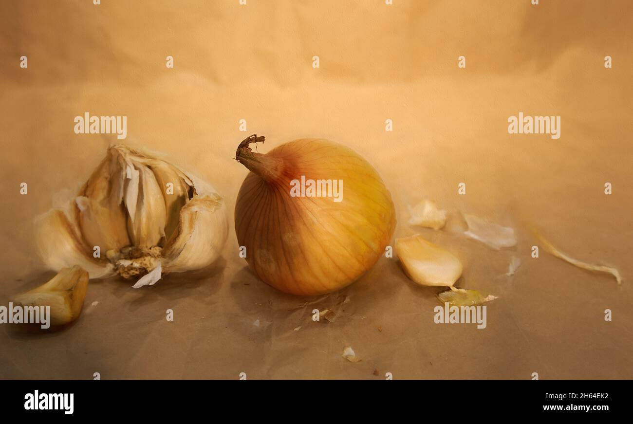 One onion and a broken garlic on paper background Stock Photo