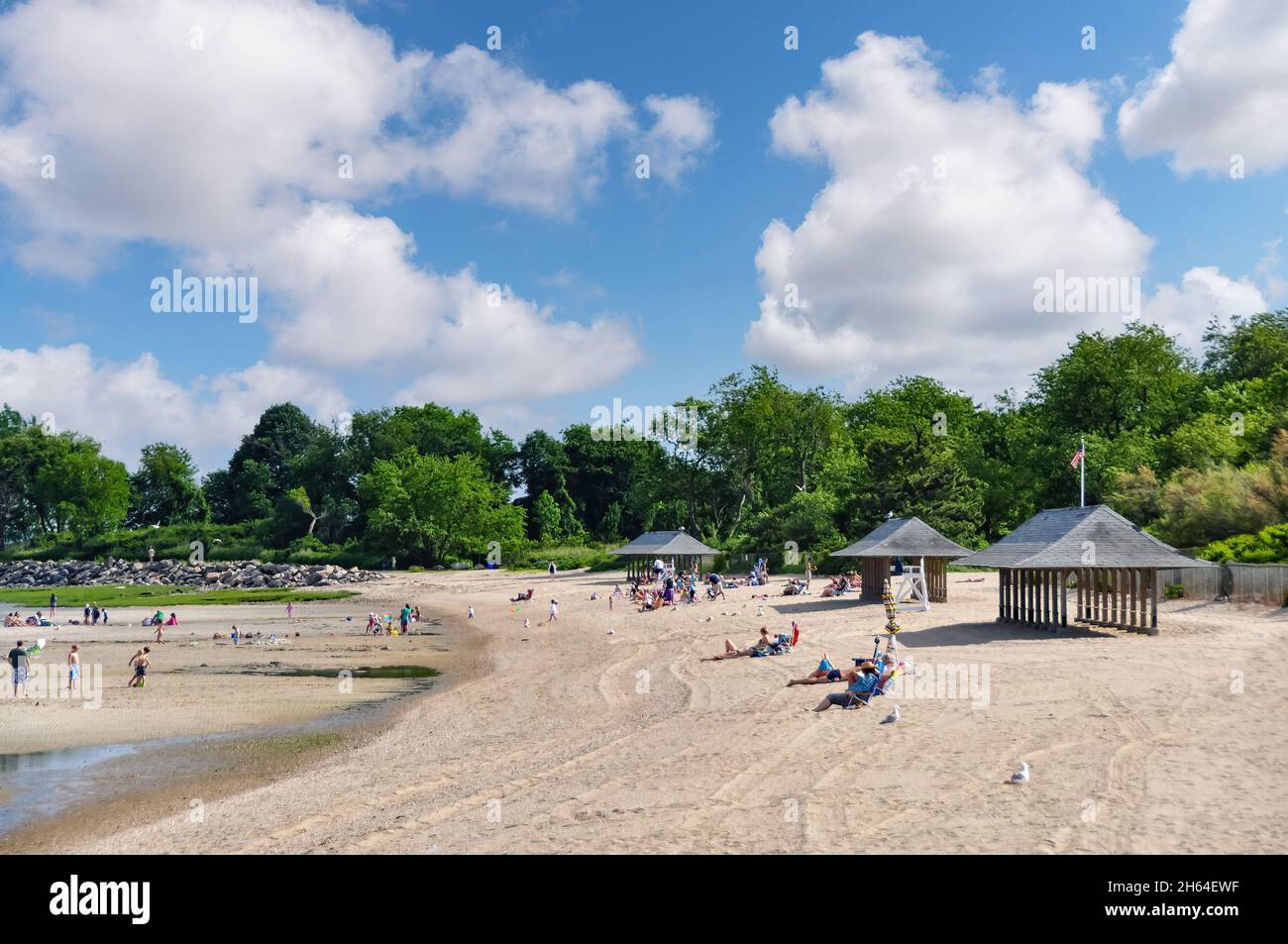 Old Greenwich, CT, USAAugust 2020 Panoramic view over the beach of