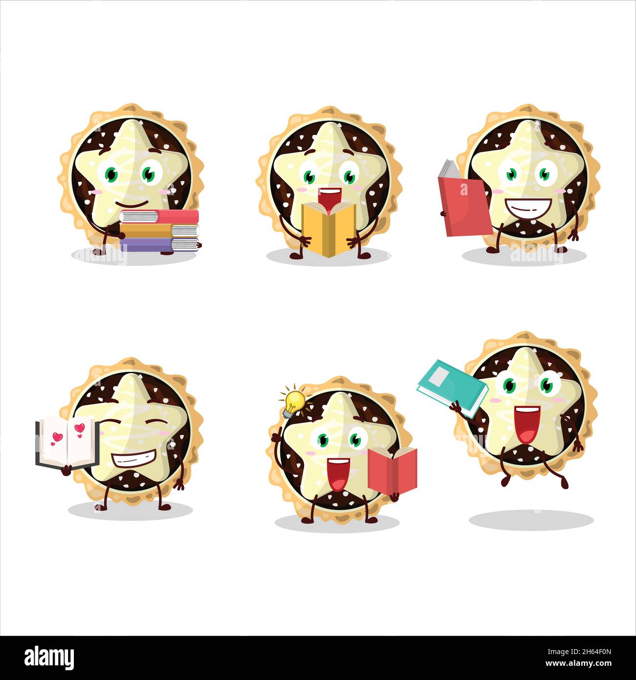 A picture of star chocolate pie cartoon character concept reading an amusing book. Vector