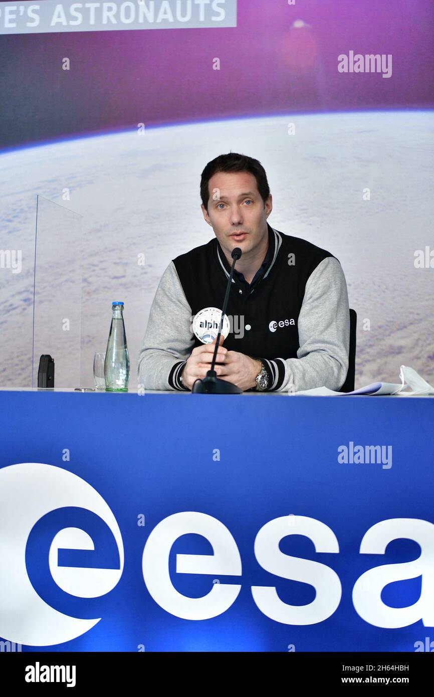 Cologne, Germany. 12th Nov, 2021. ESA News Conference with ESA Astronaut Thomas Pesquet, he holds the first press conference after his return from the International Space Station, after a 199 day mission on board. During this Mission âAlphaâ, Thomas became the Captain of the ship, as the first French Captain in history. Press conference at European Astronaut Centre (EAC), Cologne, Germany on November 12, 2021. Photo by Jana Call me J/ABACAPRESS.COM Credit: Abaca Press/Alamy Live News Stock Photo